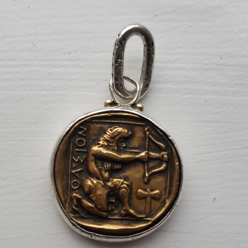 KONSTANTINO HERCULES ARCHER BRONZE COIN MENS NECKLACE PENDANT 18 K